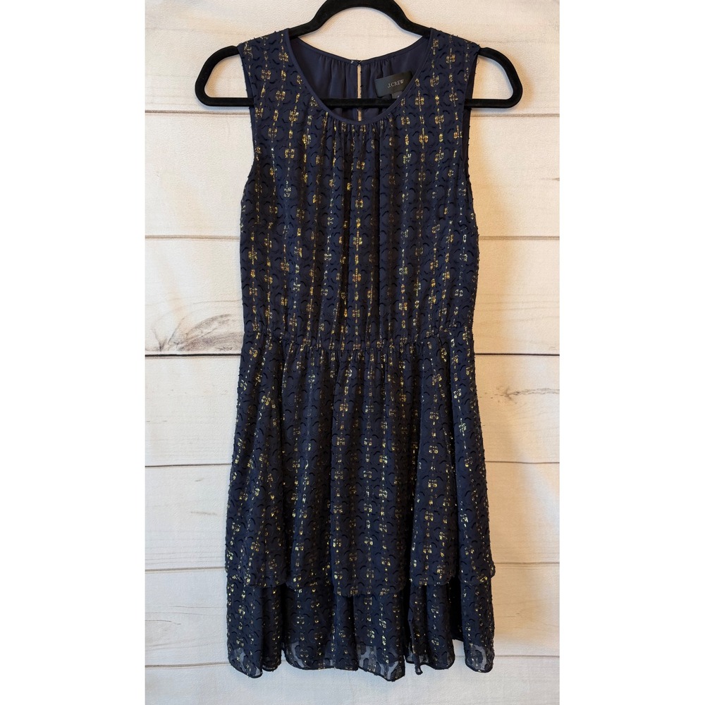 J.Crew Navy Blue Gold Metallic Silk Blend Tiered Ruffle Mini Dress Size 4